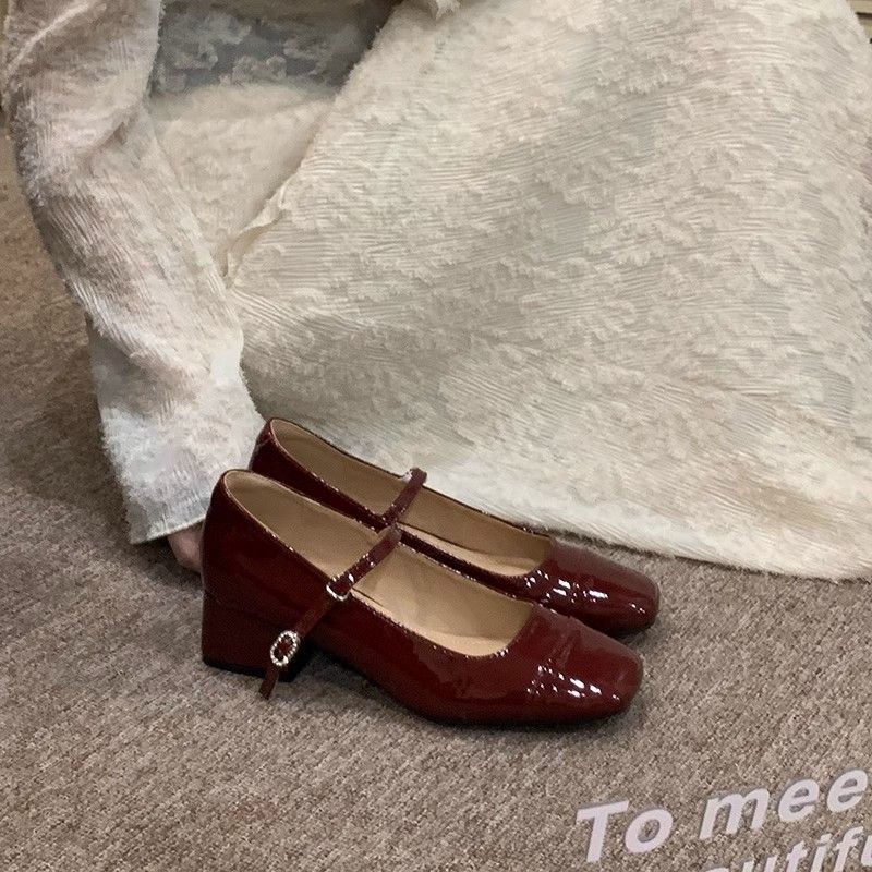 Retro Hong Kong Style Wine Red Chunky Heeled Pumps foto 2