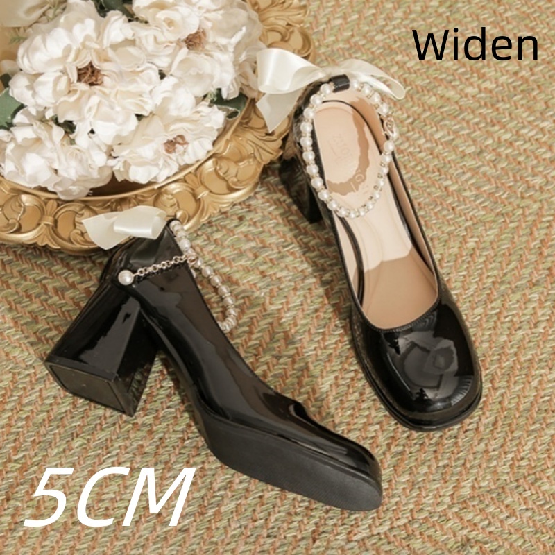 Mary Jane Shoes Pearl Ribbon Patent Leather Fairy Style