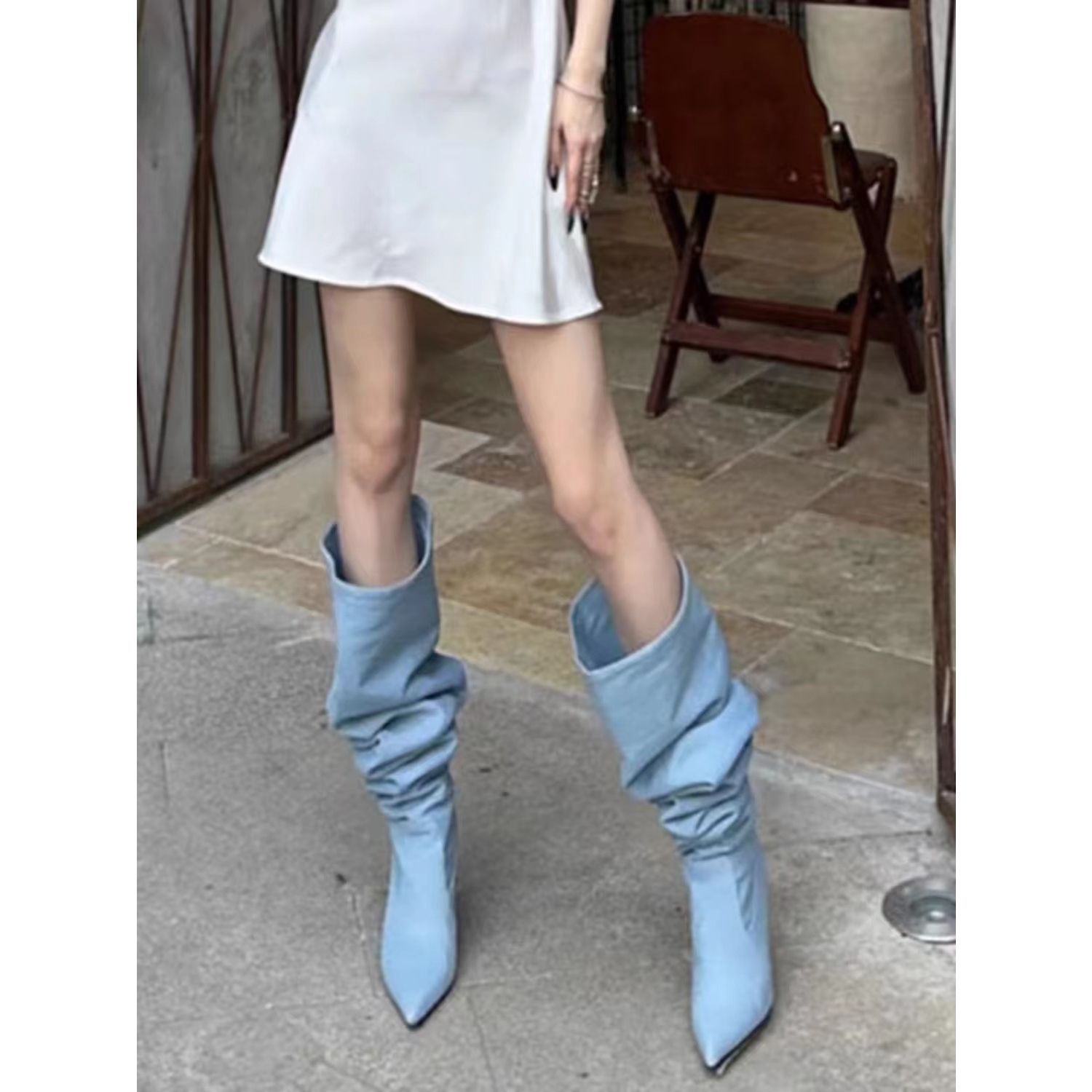 Pointed Toe Women's Stiletto Denim High Heel Below The Knee Boots foto 3