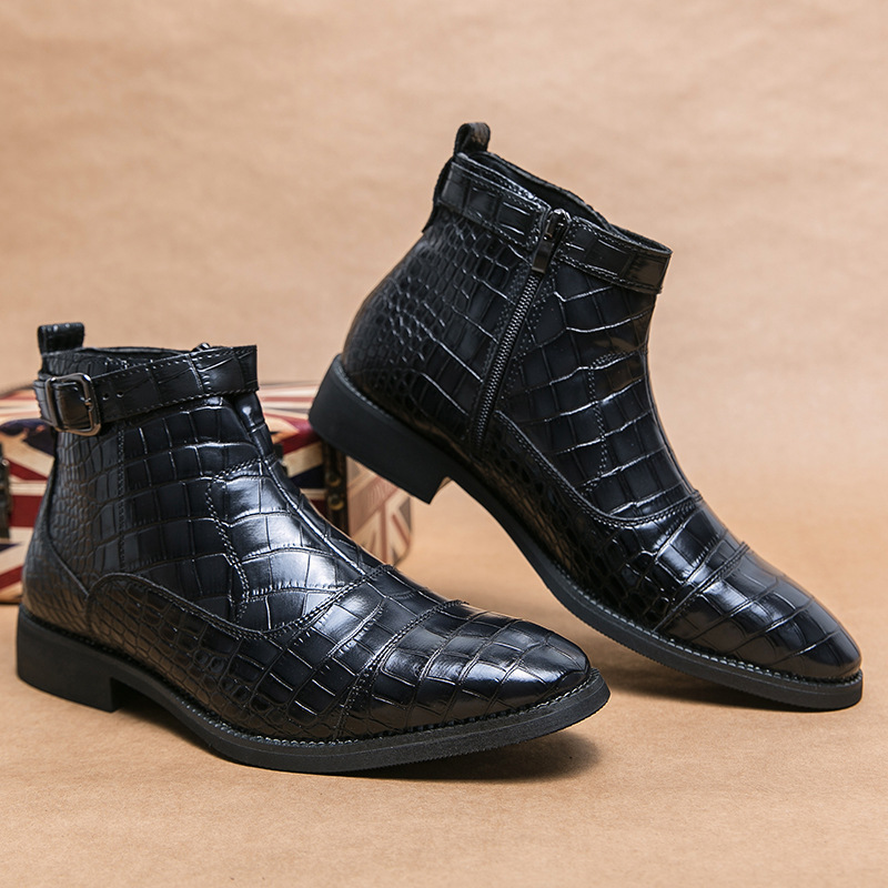 Men's Crocodile Pattern Boots Fashion Pointed Toe Low Square Heel Buckle Zipper Ankle Boots Business Formal Leather Shoes foto 2