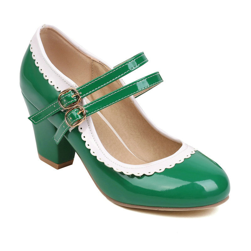 Womens Round-toe Patent Leather Chunky-heeled High Heels In Candy Colors foto 2