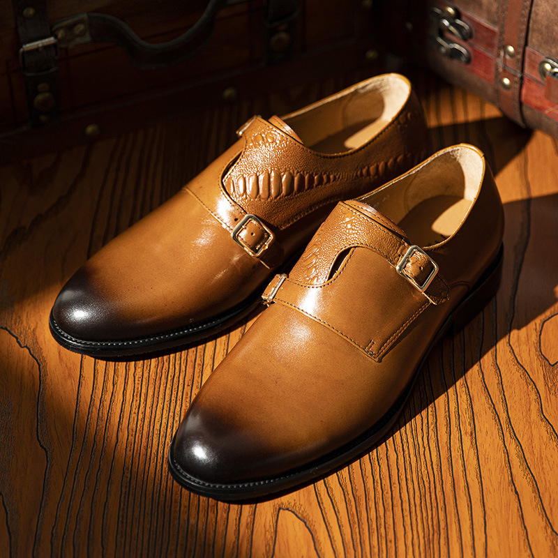 Men's First Layer Cowhide Summer Round Toe Double Buckle Retro Style Business Leather Shoes foto 3