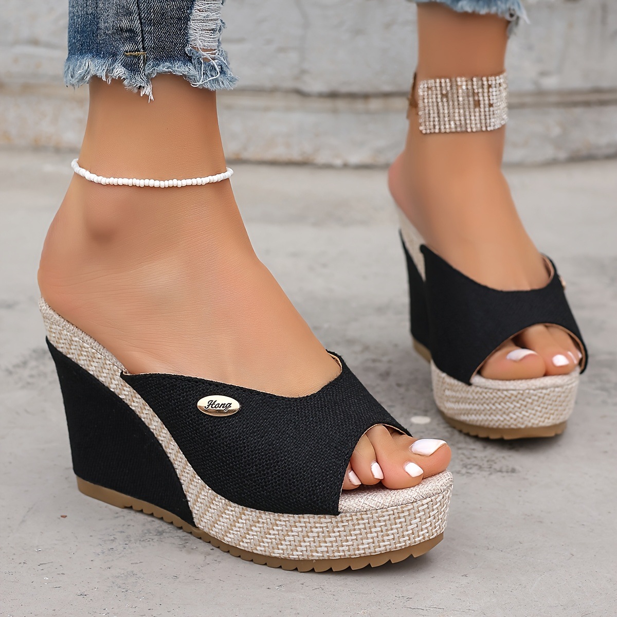 Women's Black Wedge Sandals With Buckle Details, Stylish And Generous foto 3
