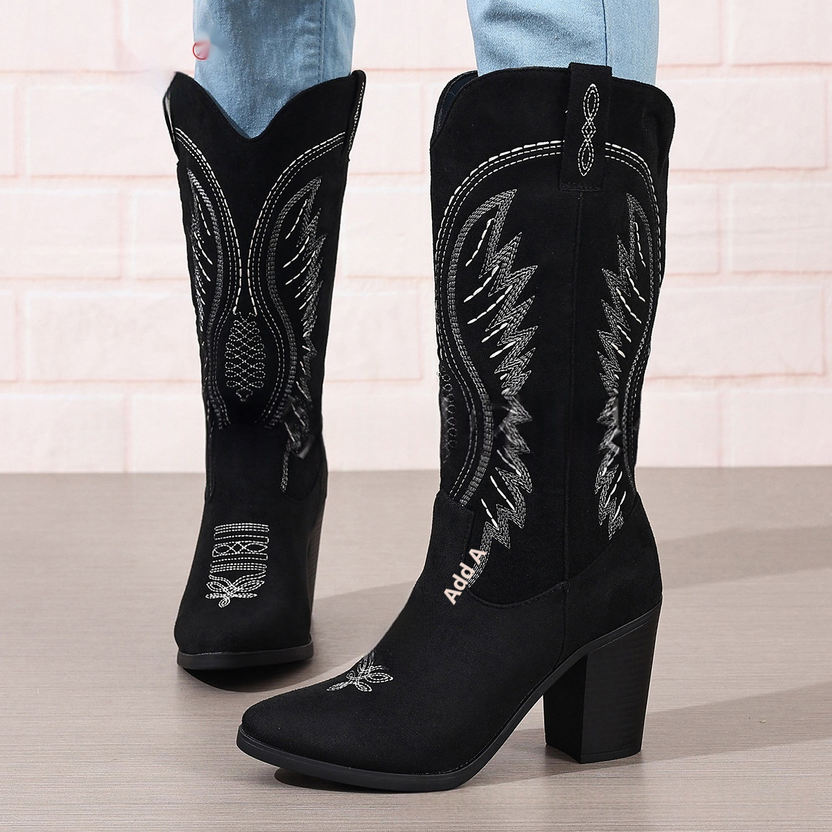 Autumn New Pointed Mid Heel High Tube Embroidered Denim Boots foto 5