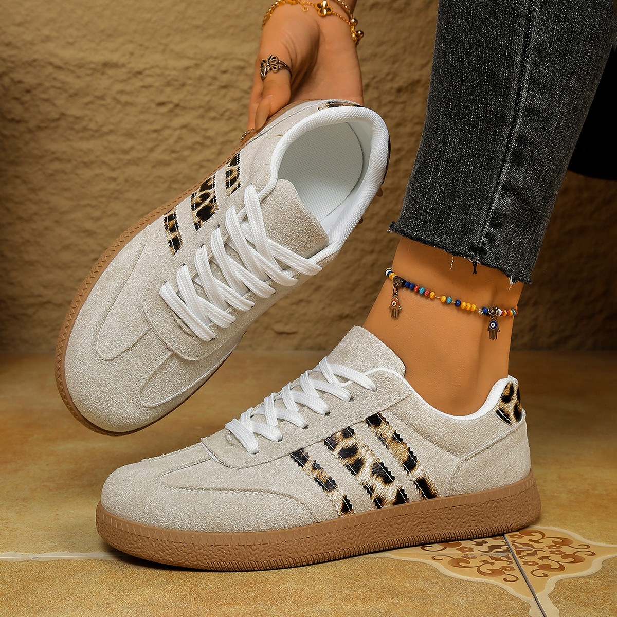 Springautumn New Vintage Leopard-print White Shoes Round-toe Lace-up Large-size Casual All-match Sneakers foto 3