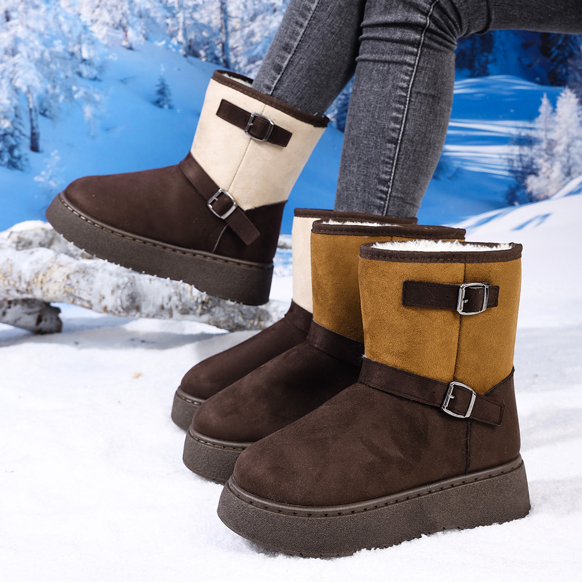 Round Toe Fashionable And Comfortable Furry Slip-on Snow Boots For Women foto 5