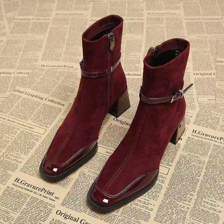 Retro French British Style Black Square Toe Leather Suede Ankle Side Zip Boots foto 5
