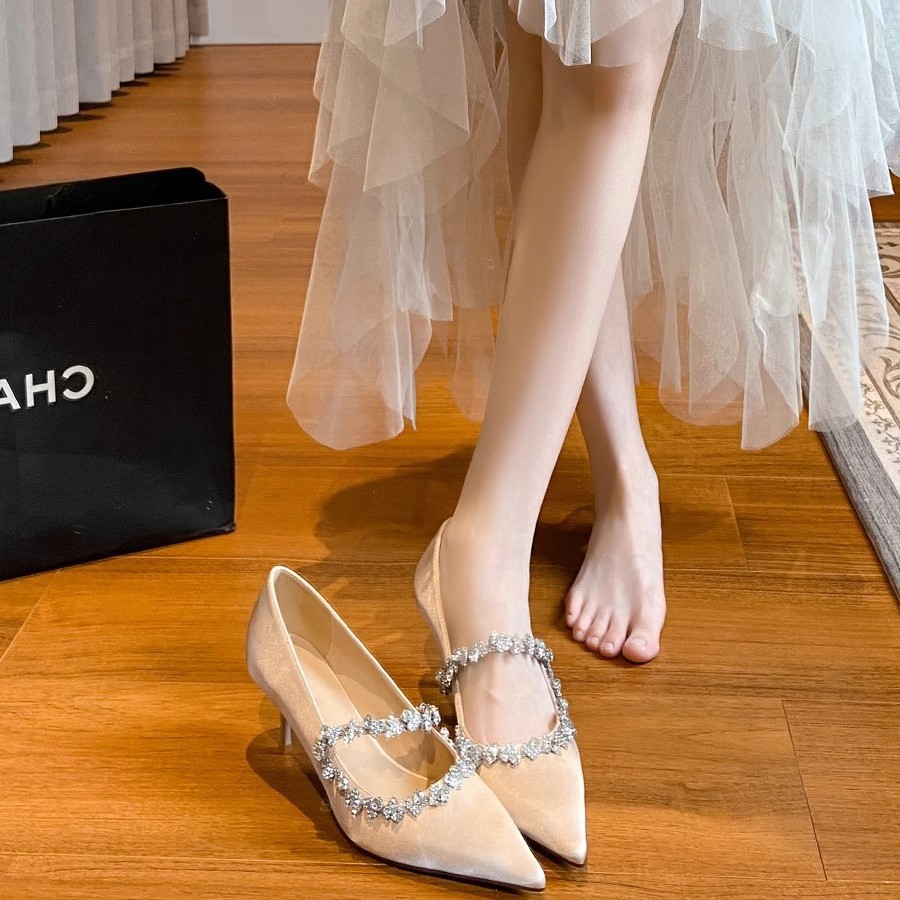 French Beautiful Wedding Shoes Rhinestone Pointed Toe Nude Color foto 5