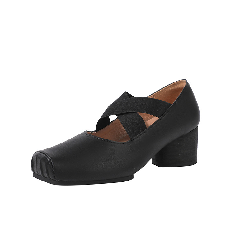 Cross-Strap Ruched Square-Toe Retro Chunky-Heel Ballet Flats foto 5