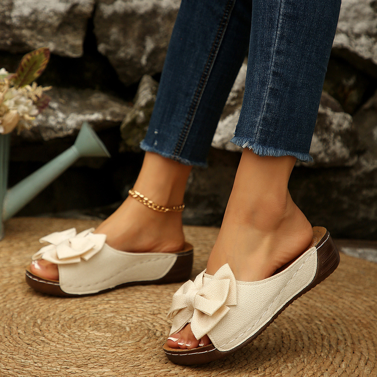 Wedge-heel Platform Fish-mouth Sandals With Bow For Women