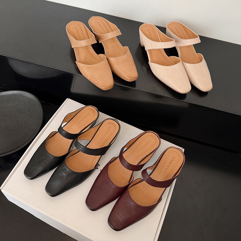 Women's Handmade Washed Leather Mary Jane Mules, Square Toe Mid Heel Slip-On Slides With Pigskin Lining foto 5