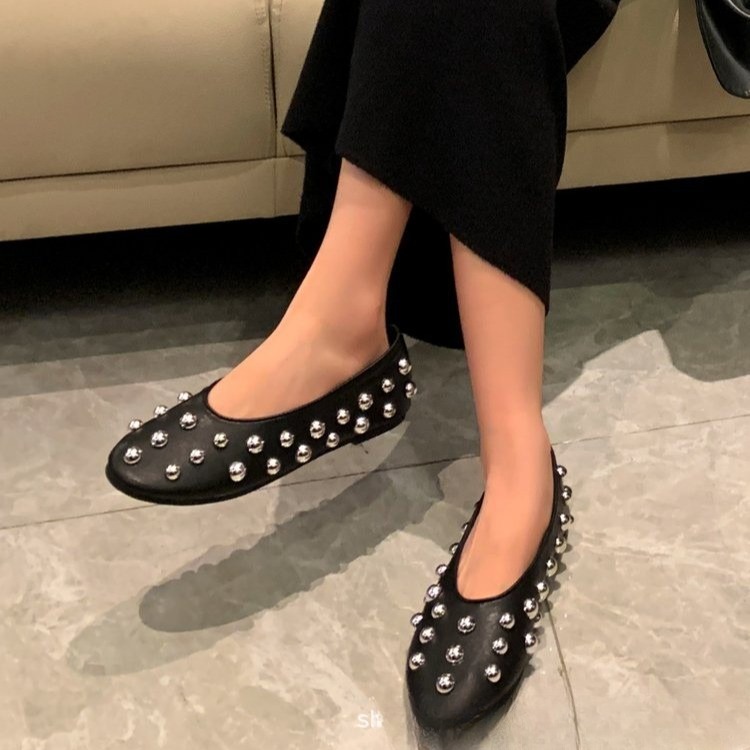Black Studded Leather Ballet-style Flat Casual Shoes foto 2