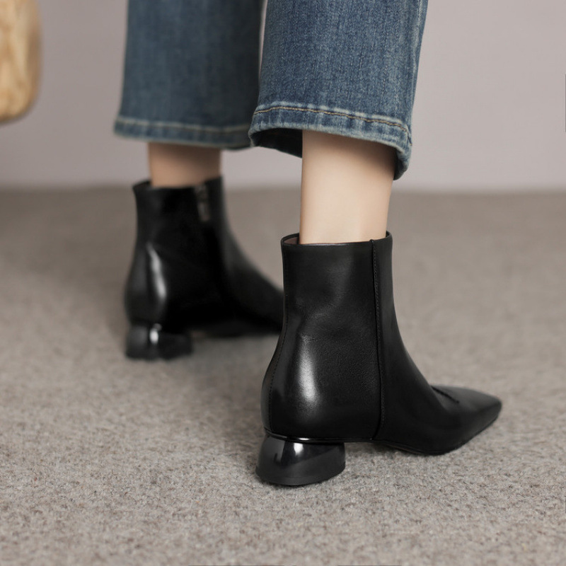 Women's Fashion Cowhide Shoes With A Square Toe, Side Zipper, And Chunky Mid-heel foto 3