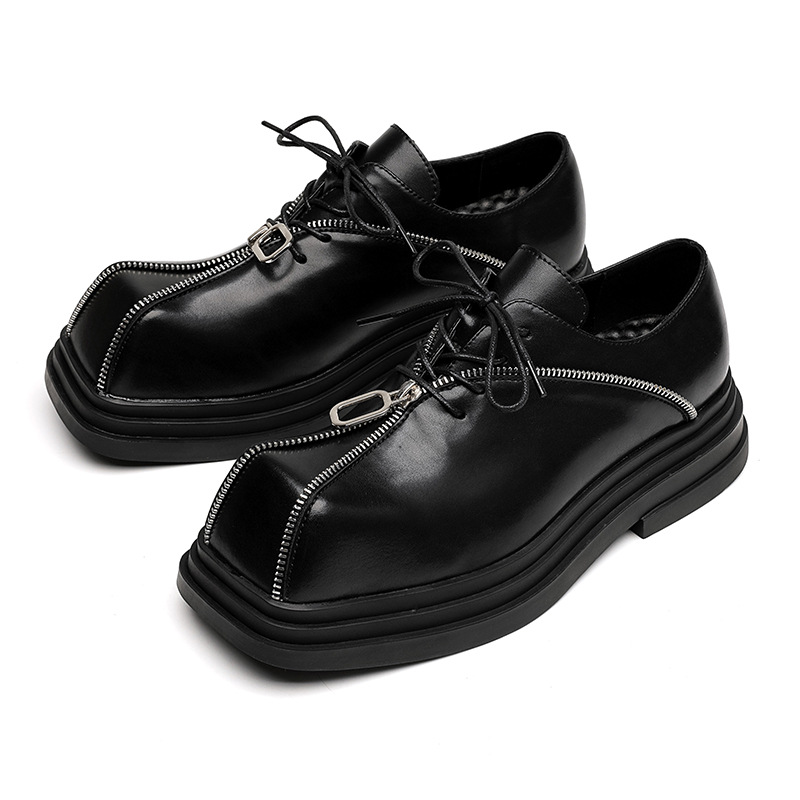Thick Bottom Square Toe Men's Trendy Unique Punk Zipper Design Trendy Black Business Leather Shoes foto 2