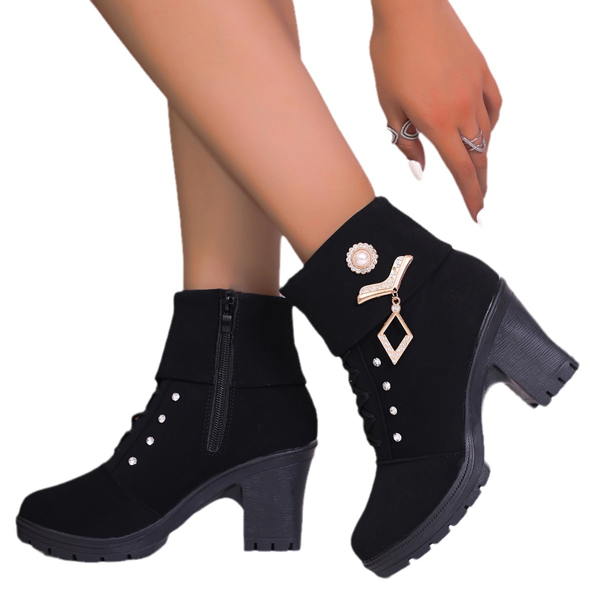Plus Size Martin Boots Rhinestone High-heeled Cotton Boots foto 5