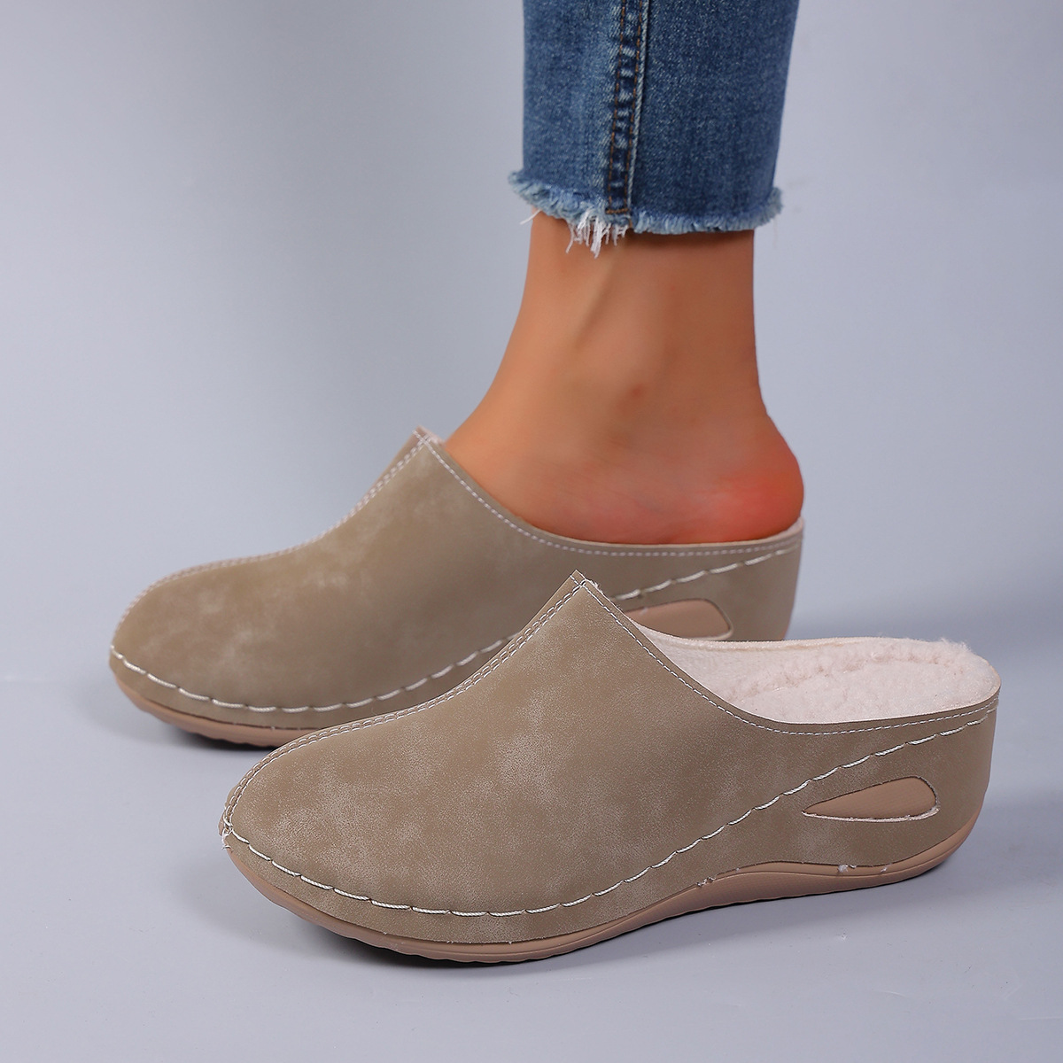 Plus-size Round-toe Fleece-lined Wedge Slippers foto 2