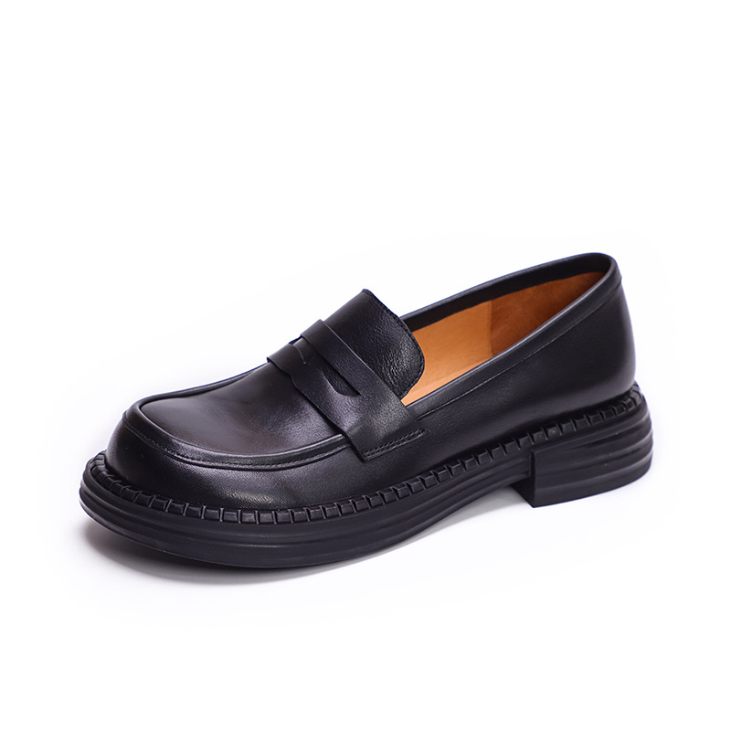 British-style Round-toe Chunky-heel Professional All-match Full-grain Leather Shoes foto 5