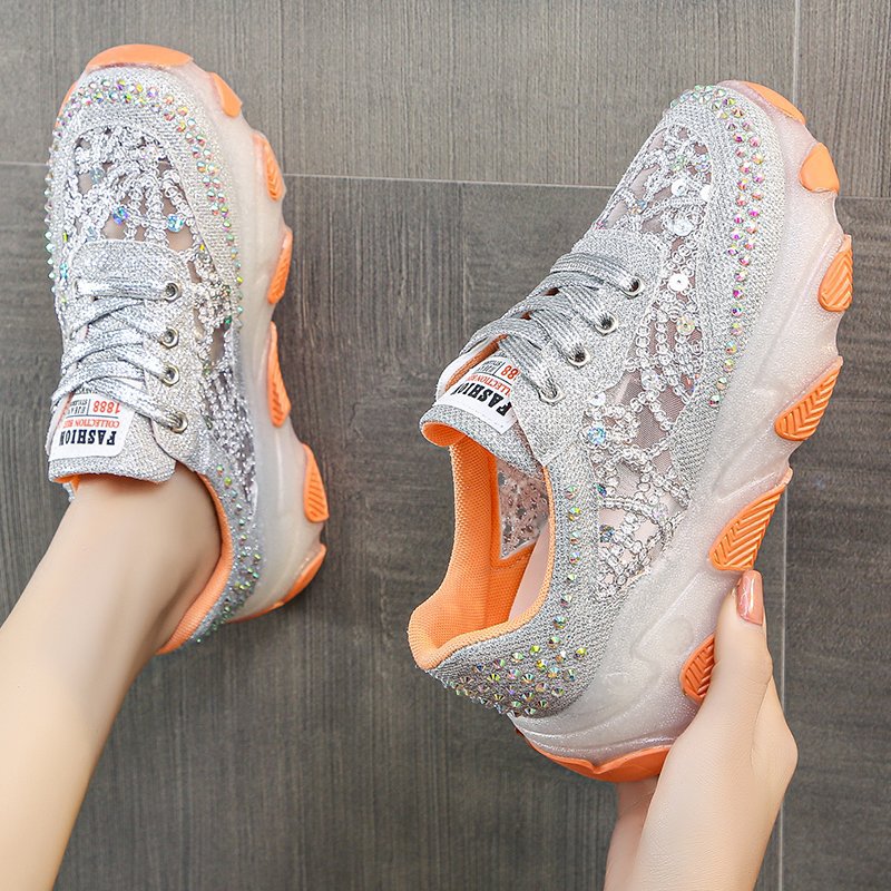 Womens Breathable Mesh Rhinestone Chunky-soled Trendy Dad Shoes foto 3