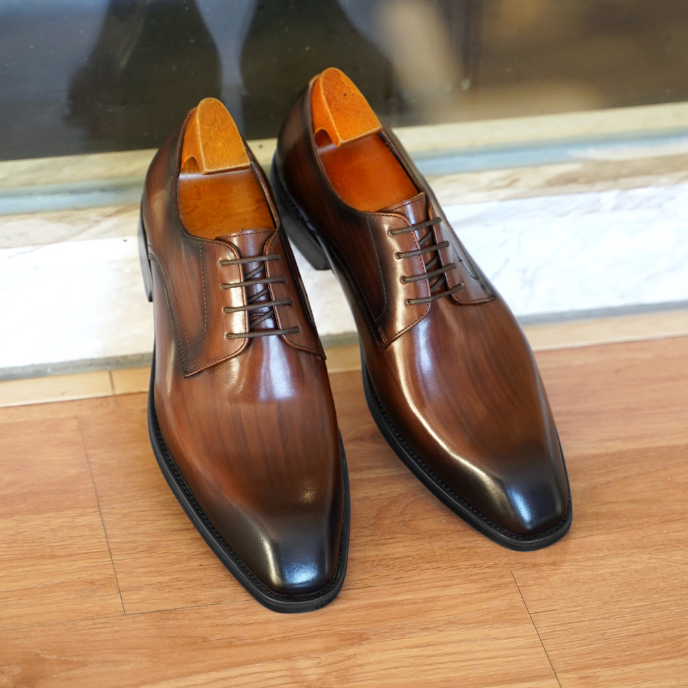 Men's Fashion Distressed Square-Toe Leather Shoes With Wood Grain Pattern foto 2