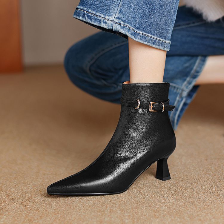 All-leather Fashion Boots Top-layer Sheepskin Stiletto Heel Pointed Toe Side Belt Buckle Chic Retro High Heels foto 4