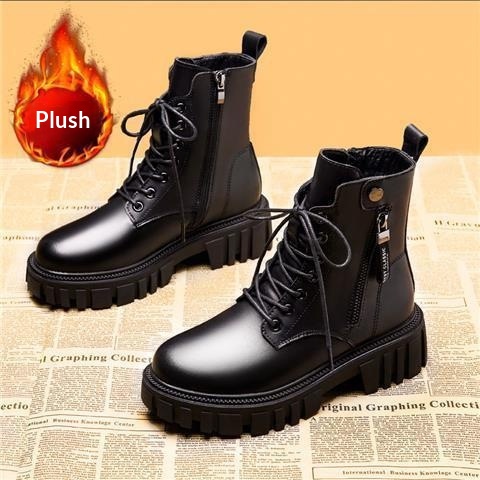 Womens Black Chunky-Soled Ankle Boots With Side Zipper foto 2