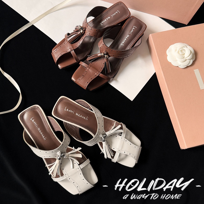 Women's Leather Tassel Slide Sandals, Square Toe Block Heel Mules foto 2