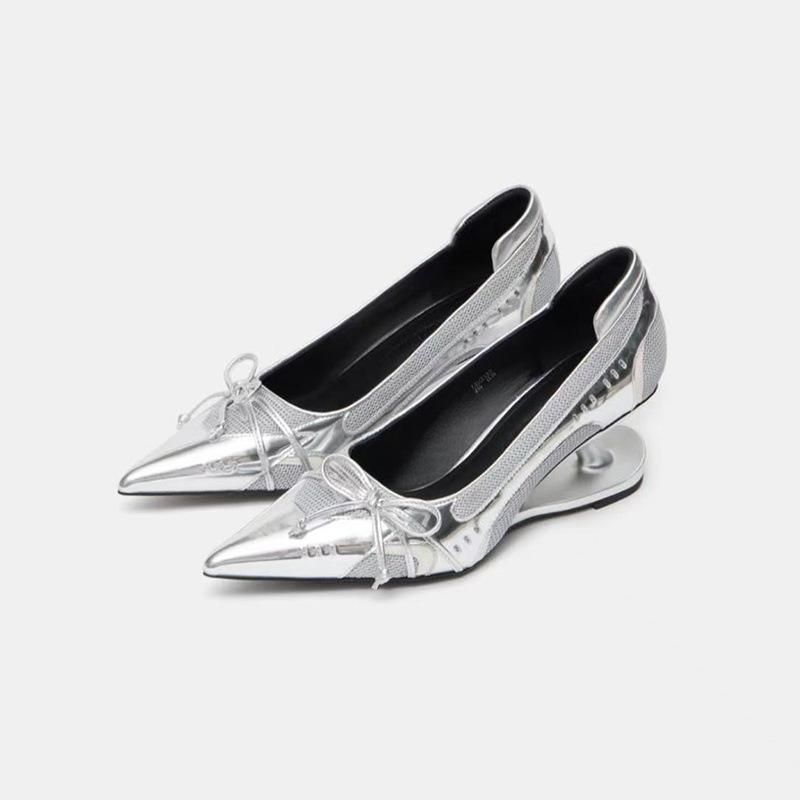 Women's Black Pointed Toe Shaped Floating Heel Mary Jane Shoes