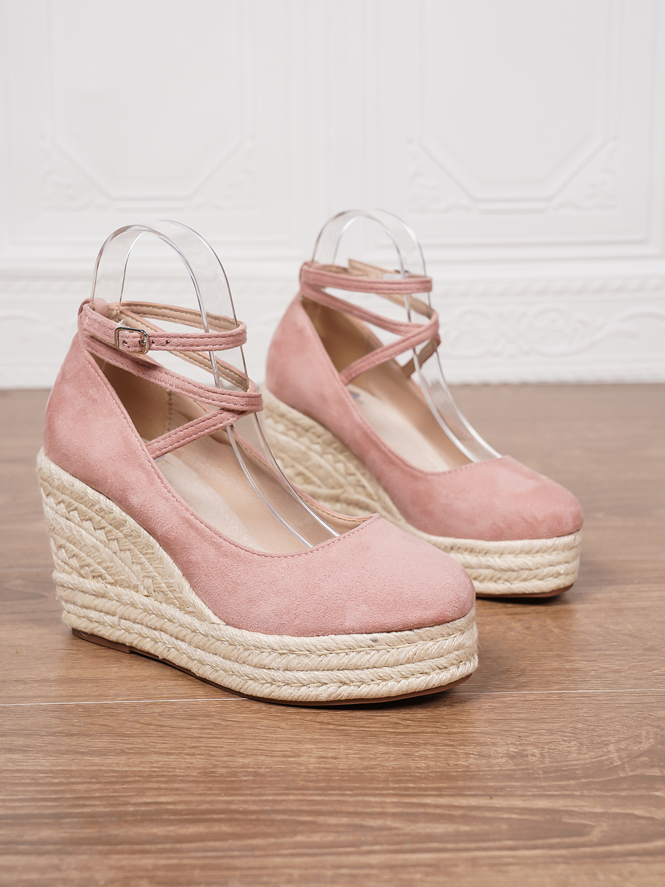 Solid Color Women's Ankle Strap Straw Woven Wedge Platform Shoes foto 5
