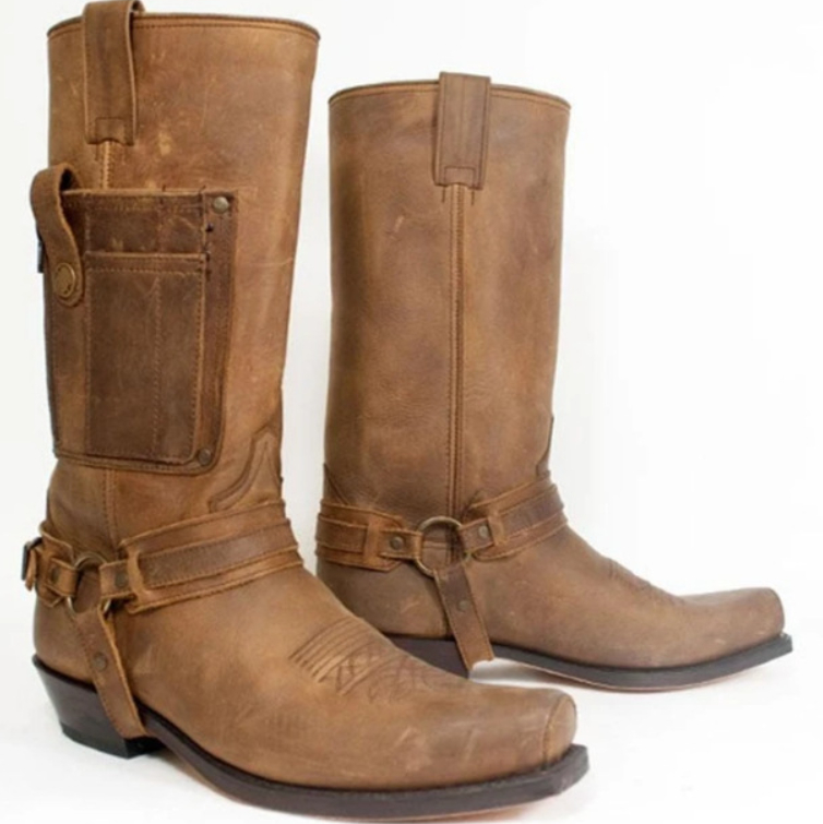 Embroidered Knight High-Heel Leather Mens Boots foto 2