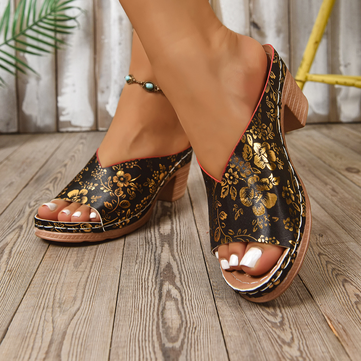 Women's Casual Floral Block-Heel Peep-Toe Slide Sandals foto 5