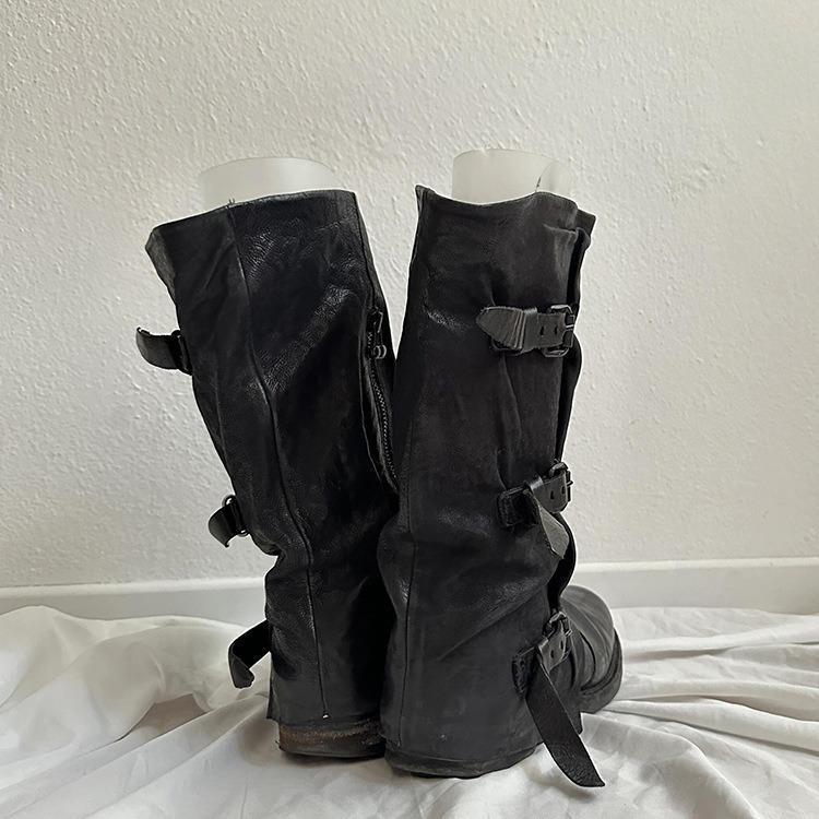 Womens Retro Leather-buckle Pleated Mid-calf Boots foto 4