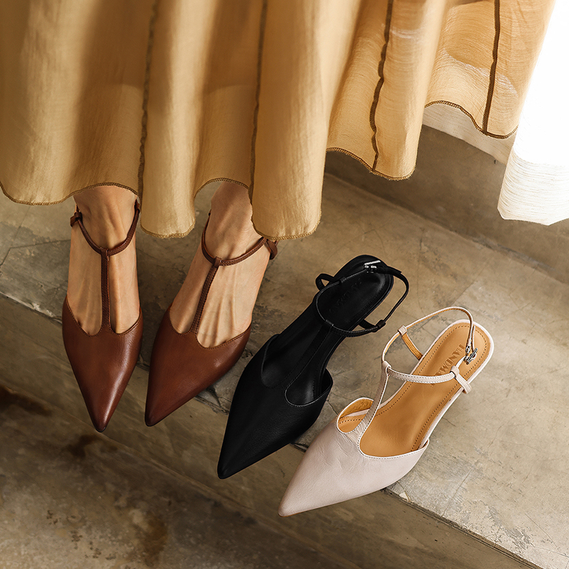 Women's Handmade Washed Full-Grain Lambskin T-Strap Slingback Heels, Vintage Pointed Toe Kitten Heel Sandals foto 3