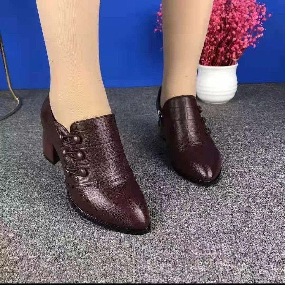 Spring And Autumn Single-layer Shoes Women's Shallow Mouth Pointed Toe Thick Heel Leather Shoes foto 2