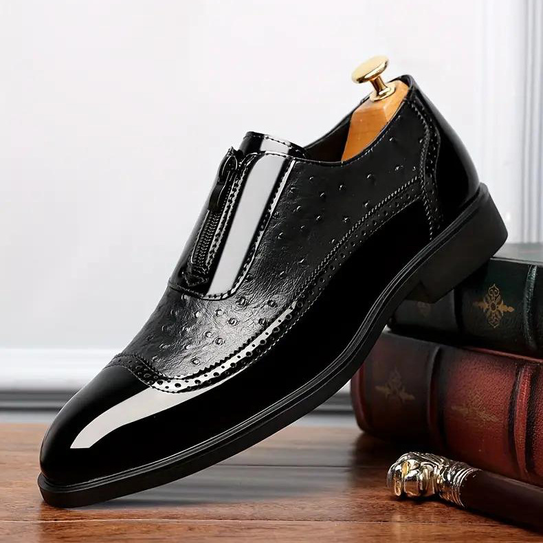 Ostrich Grain Embossed Zipper Pointed Plus Size Bright Leather Chelsea Men's Shoes foto 3