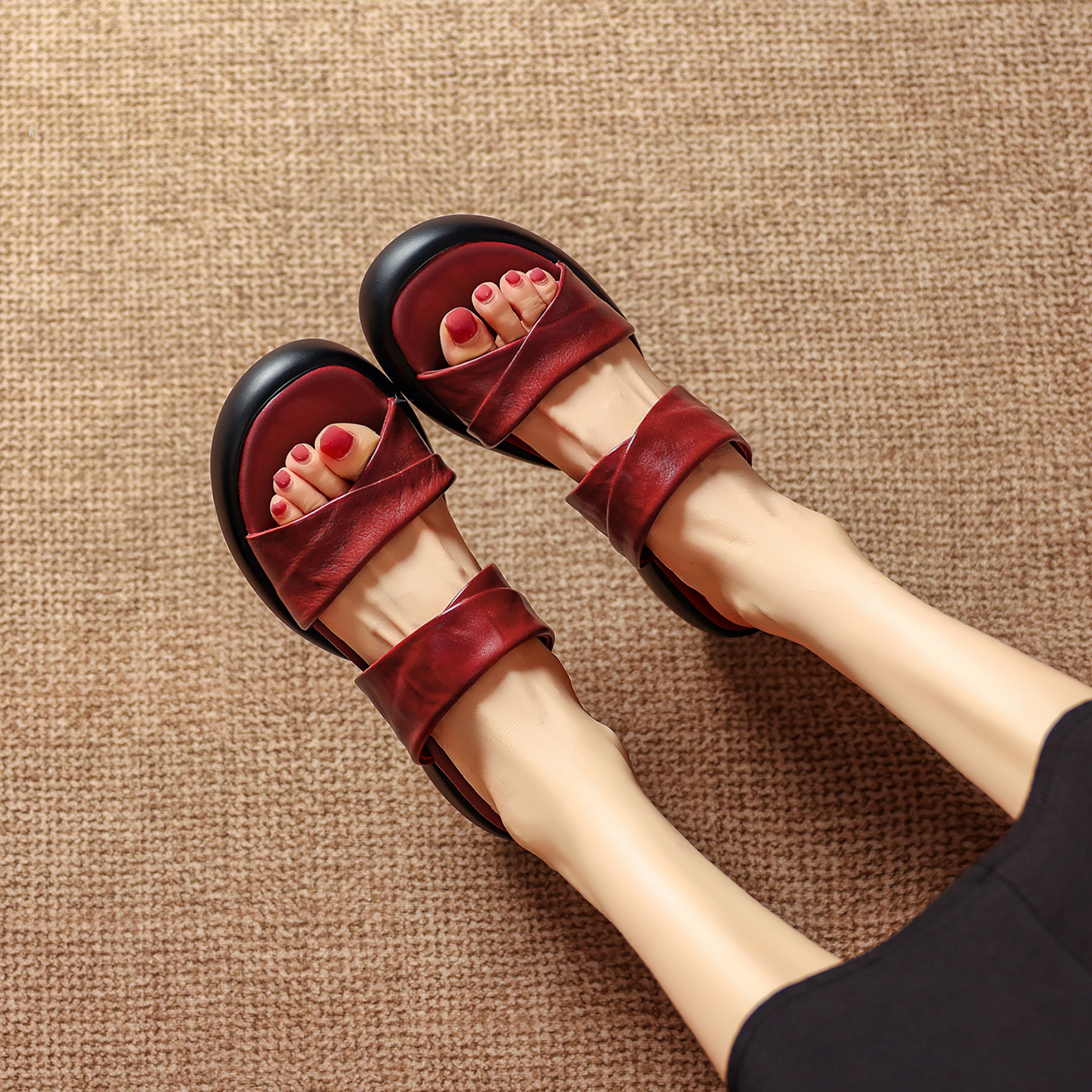 Women's Handmade Full-Grain Leather Platform Slide Sandals, Retro Two-Band Chunky Mules With Sheepskin Lining