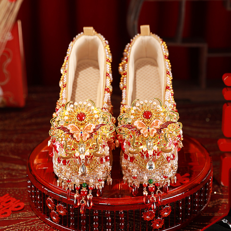 Original Handmade Chinese-style Wedding Shoes - The Xiuhe Shoes With A Heel, Custom-made By Hand, Featuring Ancient Style, Adding New Elements For The Bride's Wedding Chinese-style Dress Shoes, Women' foto 5