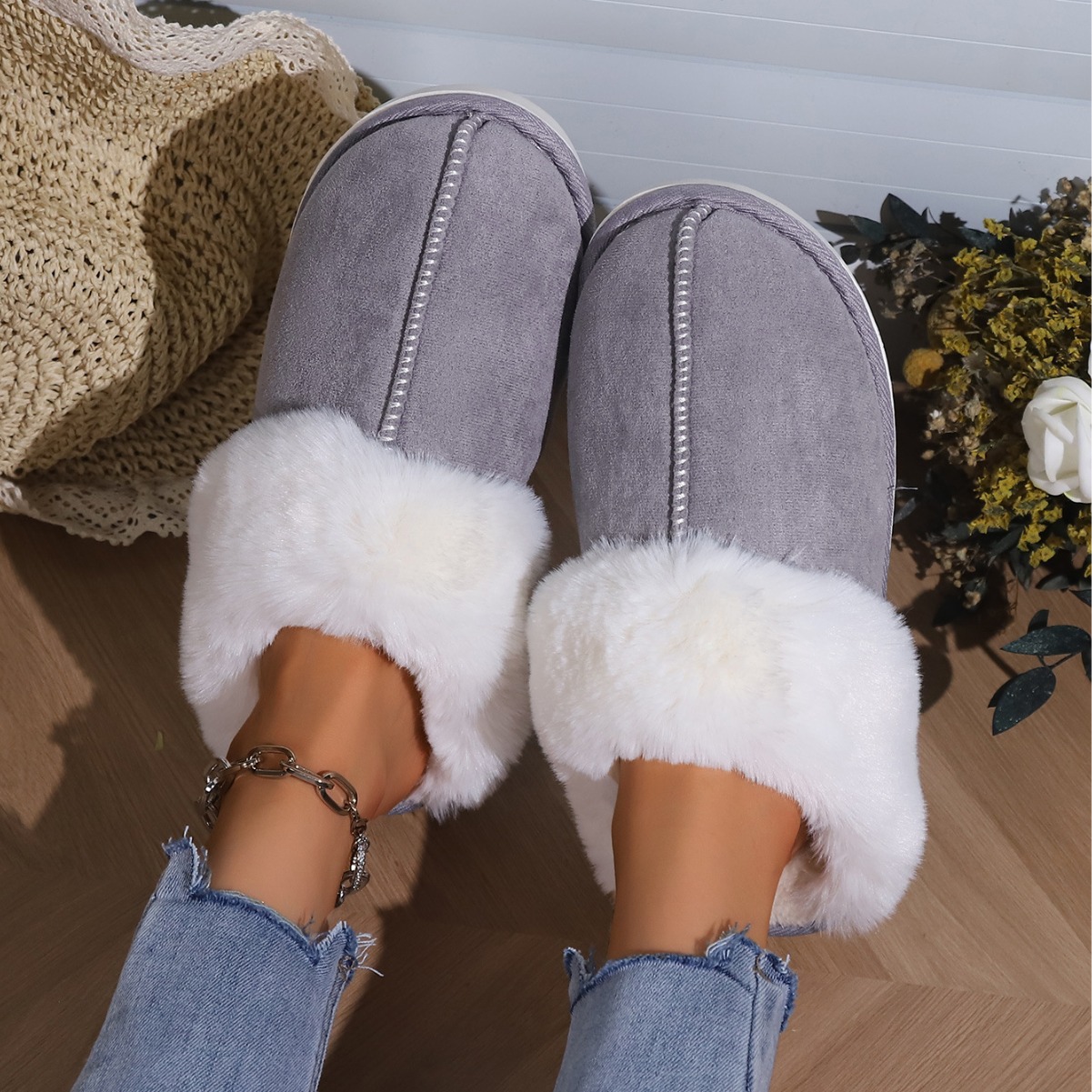 Cotton Slippers Autumn And Winter Fleece-lined Home Fur Toe Cap foto 2