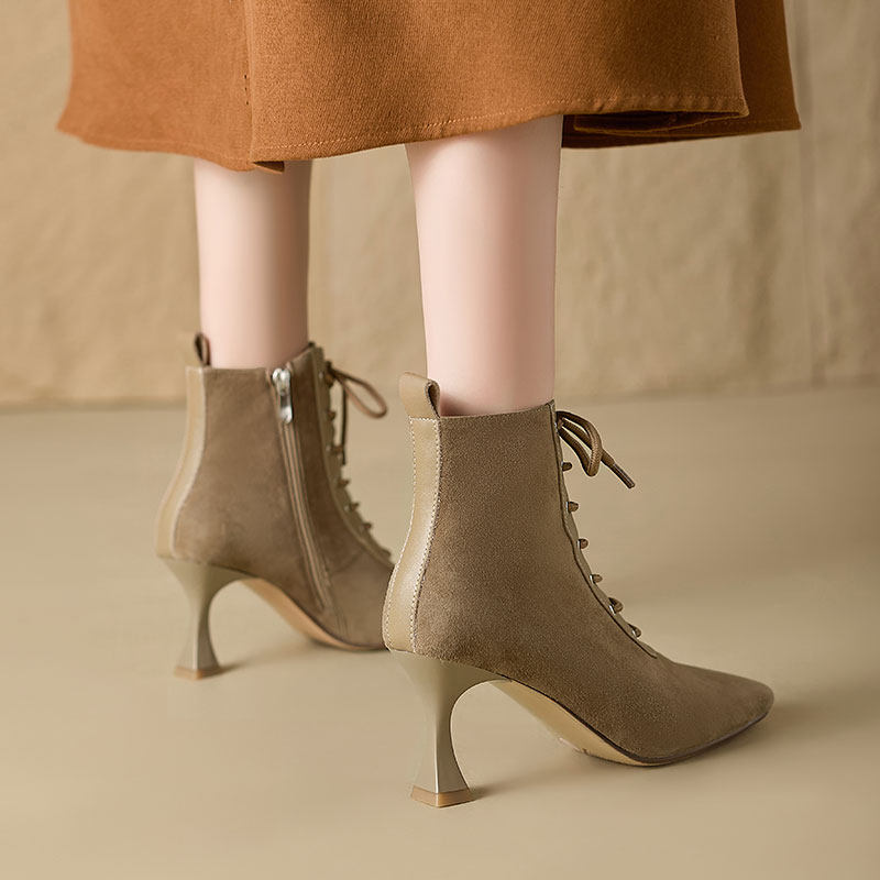 Retro Brown Leather Square-Toe Short Boots With A Stiletto HeelTimeless And Versatile Looks foto 3