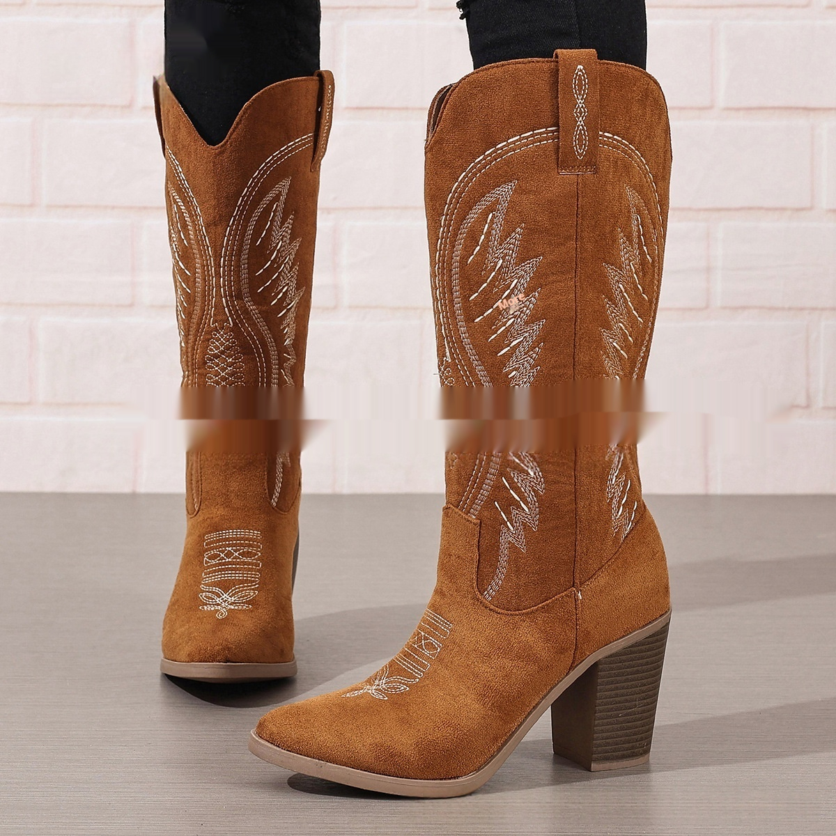 Autumn New Pointed Mid Heel High Tube Embroidered Denim Boots foto 2