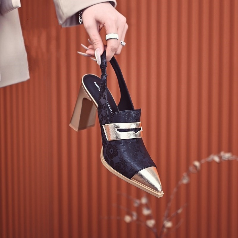 Chunky-heeled Pointed-toe Deep-vamp Versatile Strappy Sandals foto 4