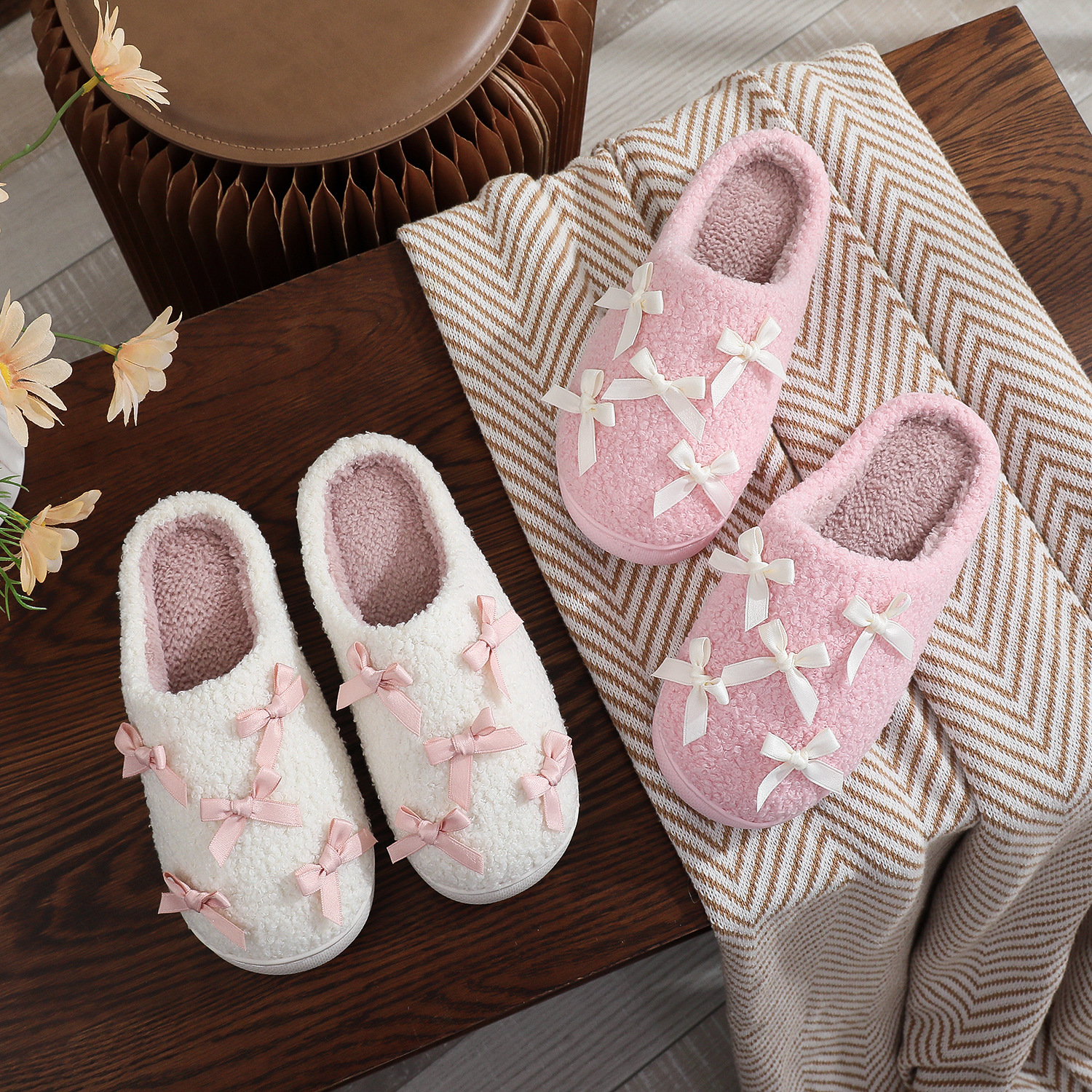 Korean Style Bow Cotton Slippers Women's Cute Warm foto 4