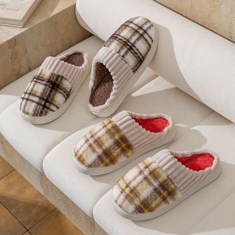Plaid Plush Slippers Warm Soft Non-slip Bedroom Home Slipper For Couples Women Men House Shoes foto 5