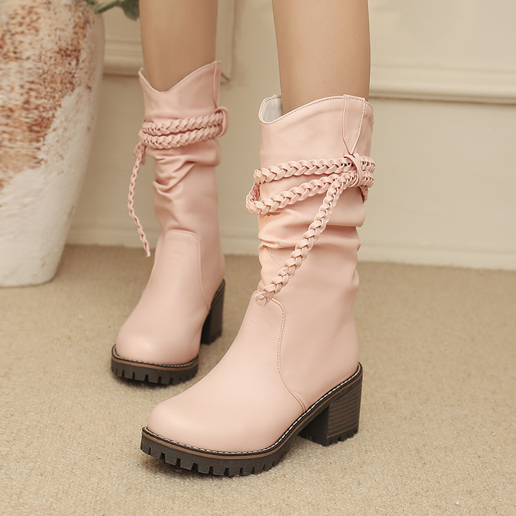 Womens Fashion Knitted Strap Mid-Calf Boots With Chunky Heels foto 4