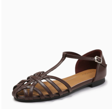 Knitted Hollow-Out Flat Closed-Toe Sandals Open-Back Breathable Strap-Clasp Fashionable Resort Roman Shoes foto 4
