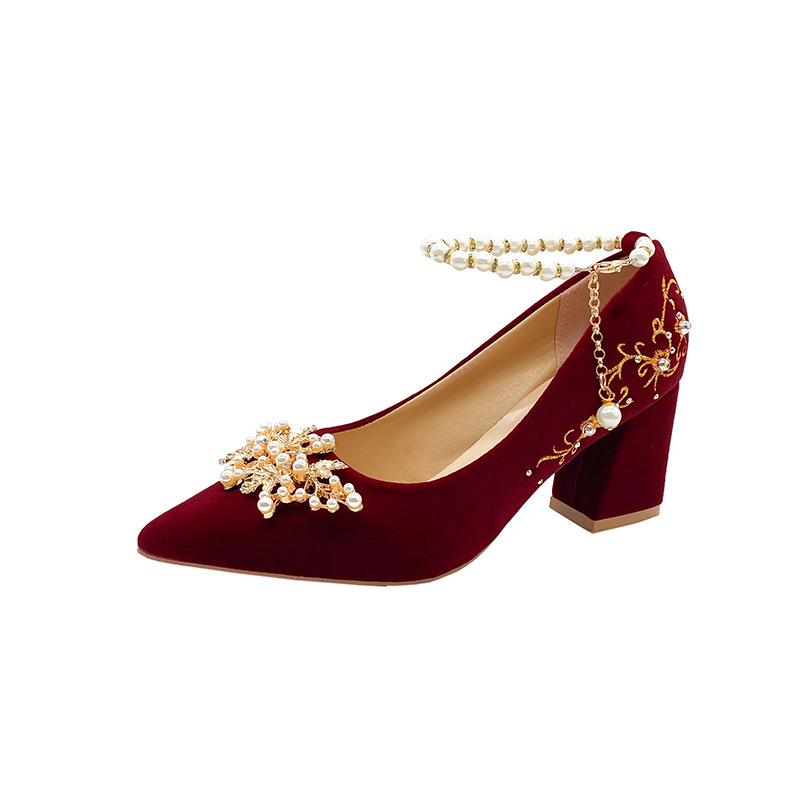 Wine Red Pointed Toe Chunky Heel Wedding Shoes For Women foto 5