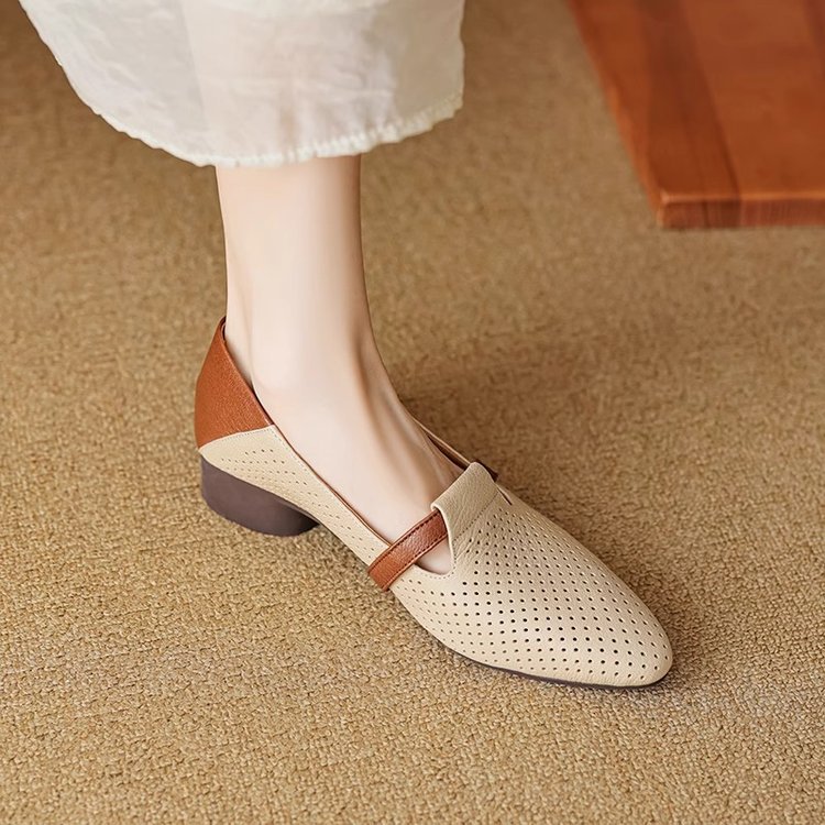 French-style Color-Block Elegant Soft Leather Low-Heel Womens Pumps foto 4