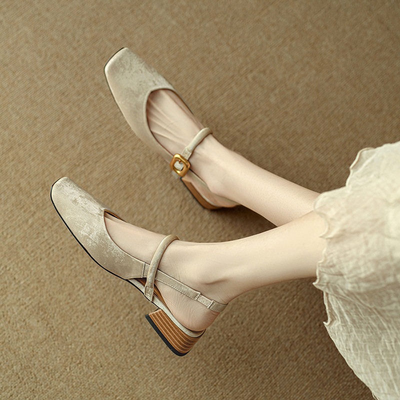 Retro Square Toe Chunky Heel Low-cut New Chinese Style Closed Toe Sandals foto 3