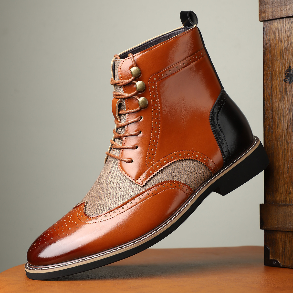 New British Men's High Top Color Blocked Leather Shoes foto 2