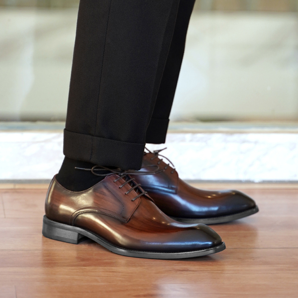Men's Fashion Distressed Square-Toe Leather Shoes With Wood Grain Pattern foto 5