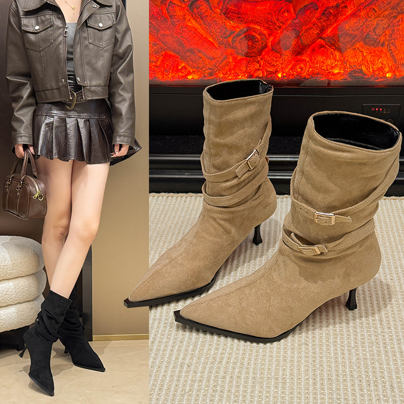 Fashionable And Versatile Pointed Toe Stiletto Heel Suede French Slim Ankle Boots foto 5